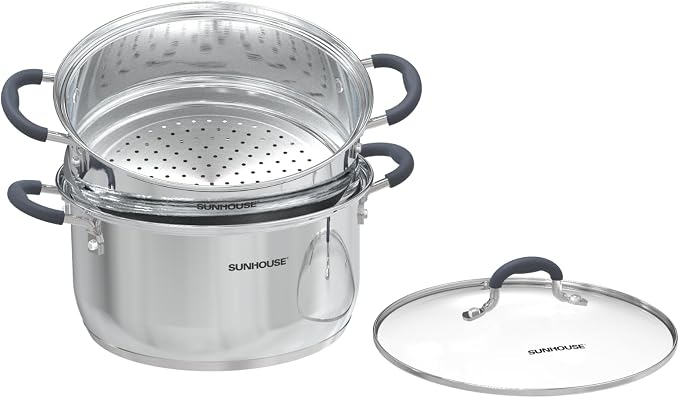 Sunhouse: 2-Tier Stainless Steel Steamer Pots - 3.1 Quart - Tempered Glass Lid, 3-Ply Bottom, Vegetable-Dumpling-Food Cookware, Dishwasher & Oven Safe by SUNHOUSE