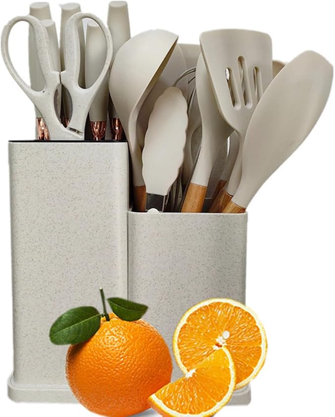 19 Pieces Kitchen Utensil and Knife Set with Block, with 11 Piece Silicone Cooking Utensils, 5 Pcs Sharp Stainless Steel Chef Knives Scissors Whisk Tongs and Cutting Board Beige by Mltao