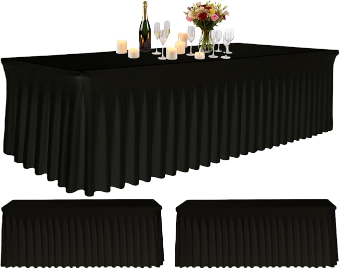 3 Pack Black Spandex Table Clothes for 6 Foot Rectangle Tables, Fitted Stretch Spandex Table Cover 6ft Black Tablecloths with Desk Skirt for Weddings Birthday Parties Banquet Baby Shower by Zrlljp