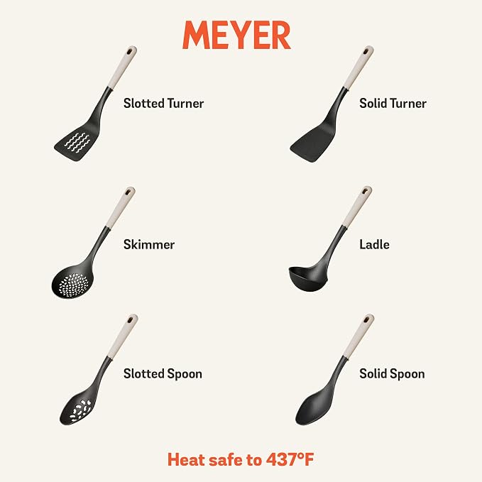 Meyer Everyday Nylon Tools/Cooking Utensils Set for Non Stick Cookware, 6 Piece: Slotted Turner, Solid Turner, Skimmer, Ladle, Slotted Spoon and Solid Spoon, Heat Resistant, Black with Gray Handles - Image 7