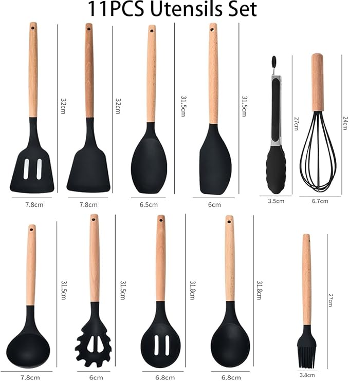 19 Pcs Kitchen Cooking Utensils and Knife Set with Block, Include 11 Pcs Silicone Cooking Utensils Set 5 Pieces Sharp Stainless Steel Chef Knives Scissors Whisk Tongs and Cutting Board (Black) - Image 3