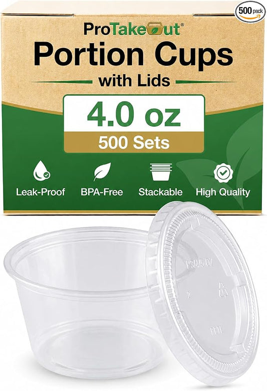 0.75-5.5 oz Plastic Portion Cups with Lids, 100-2000 Count, Dessert Cups with Lids, Jello Shot Cups with Lids, Small Plastic Cups for Salad Dressing & Condiments (500, 4.0, ounces) by ProTakeOut