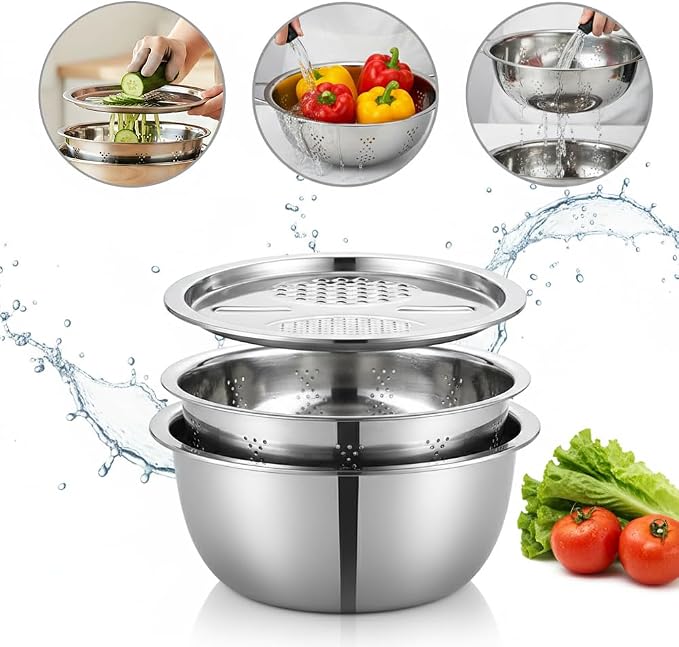 Germany Multifunctional Stainless Steel Basin, 3 in 1 Multifunctional Stainless Steel Basin Strainer Set with Grater, Strainer Drain Basket for Rinsing Draining Mixing (M (10.24in)) - Image 8