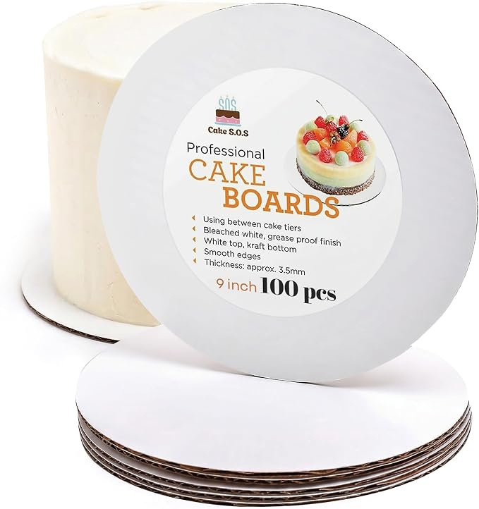 9 inch White Round Coated Cakeboard, Waxed Greaseproof, Disposable Cake Circle Sturdy Corrugated Base Boards Cardboard, Pack of 100 ct by CakeSOS