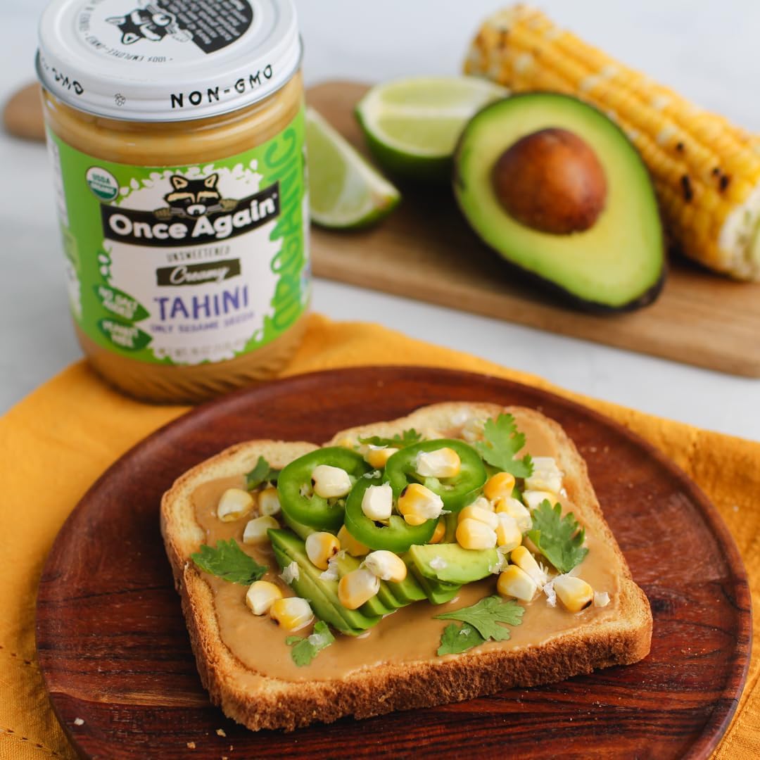 Once Again Organic Sesame Tahini, 16oz - Salt Free, Unsweetened - USDA Organic, Gluten Free, Vegan, Kosher, Peanut Free - Glass Jar - Case of 12