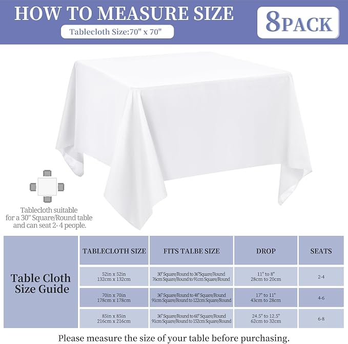 8 Pack Square Polyester Tablecloth 70 x 70 Inch White Table Cloth for Square or Round Tables, Washable Stain and Wrinkle Resistant Table Cover Table Clothes for Wedding Banquet Reception Dining - Image 3