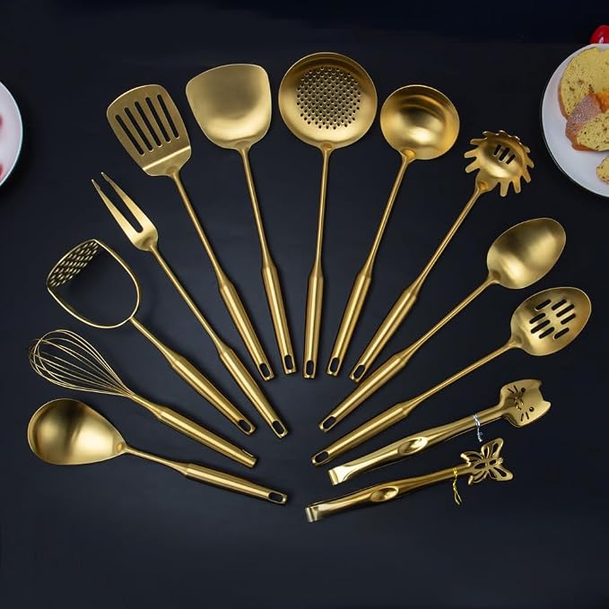 VALESKA 304 Stainless Steel Kitchen Utensils Set(Gold-13PCS),Include slotted spoon stainless steel, metal cooking slotted spoon, metal pasta spoon and etc,Easy to Clean - Image 9