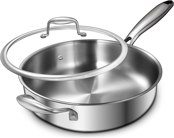 EWFEN 12 Inch Tri-Ply Stainless Steel Frying Pan, Compatible with All Cooktops Up to 600℉, Large Frying Pan with lids, Induction-Ready Skillet, Dishwasher and Oven Safe, Even Heat, 12" Pan+Handle+Lid by EWFEN