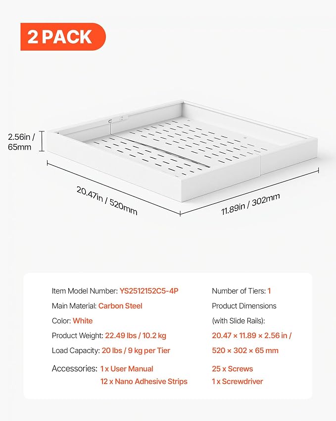 VEVOR Pull Out Cabinet Organizer, 4 Pack Expandable Width (12.2"-18.9"), 20.47" Deep Pull Out Drawers for Cabinets, Sliding Drawer for Kitchen Pantry Cabinet Organizer with Nano Adhesive Strips, White - Image 7