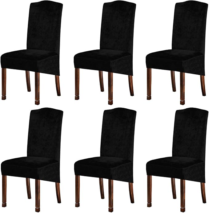 Velvet Plush XL Dining Chair Covers, Stretch Chair Slipcover, Spandex High Chairs Protector Covers Seat Slipcover with Elastic Band for Dining Room,Wedding, Ceremony, Banquet (Black, Set of 6) by KELUINA