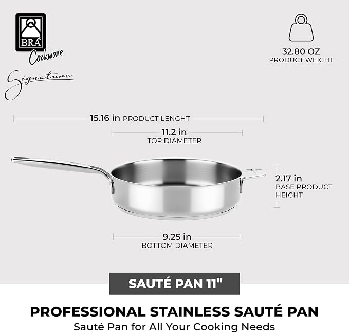 BRA COOKWARE Signature Stainless Steel Sauté Pan w/Lid | 11 Inches 4 Qt - Image 2