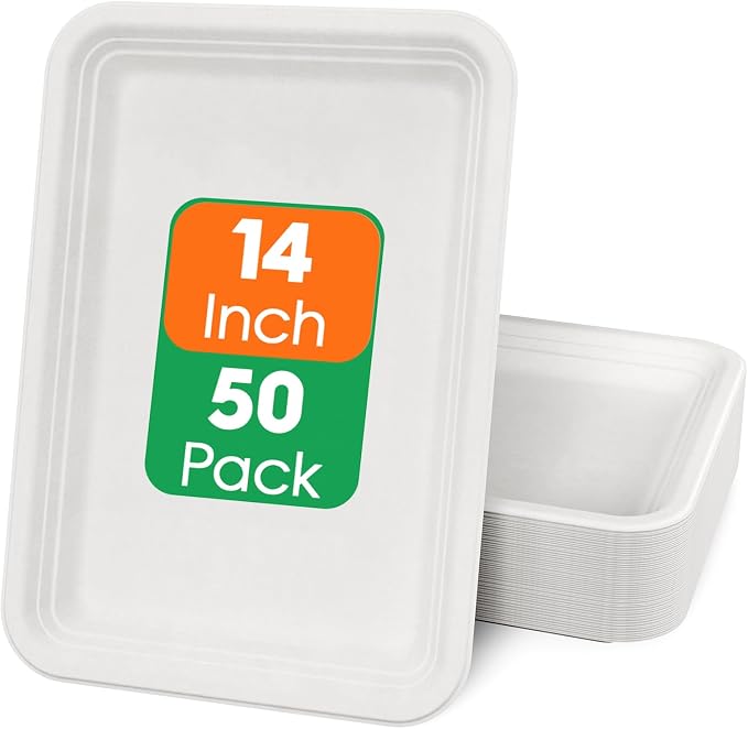 ECOLipak 50 Pack 14 in Compostable White Disposable Food Crawfish Trays | Large Paper Thanksgiving Plates for Turkey, BBQ, Seafood Boil Party Supplies, Heavy Duty, Biodegradable, Sugarcane Bagasse by ECOLipak