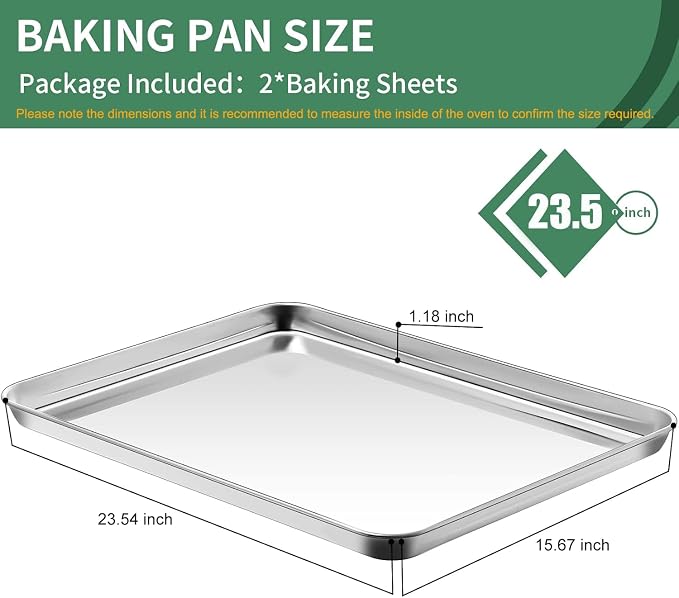 Baking Sheets Set of 2, HKJ Chef Cookie Sheets 2 Pieces Stainless Steel Baking Pans & Toaster Oven Tray Pans, Rectangle Size 23.54L x 15.67W x 1.18H inch & Non Toxic & Healthy & Easy Clean - Image 2