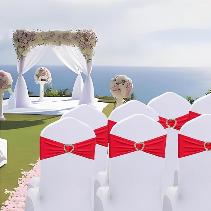 Red Chair Sashes for Wedding 25 Pack Spandex Red Sashes for Chairs Covers Stretch Chair Sashes Band with Heart Buckle Slider Universal Wedding Sasehs Bows for Banquet Party Decorations - Image 6