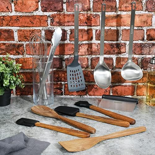 Babish 11 Piece Essential Teak Wood, Silicone, and Stainless Steel Tool Set - Image 3