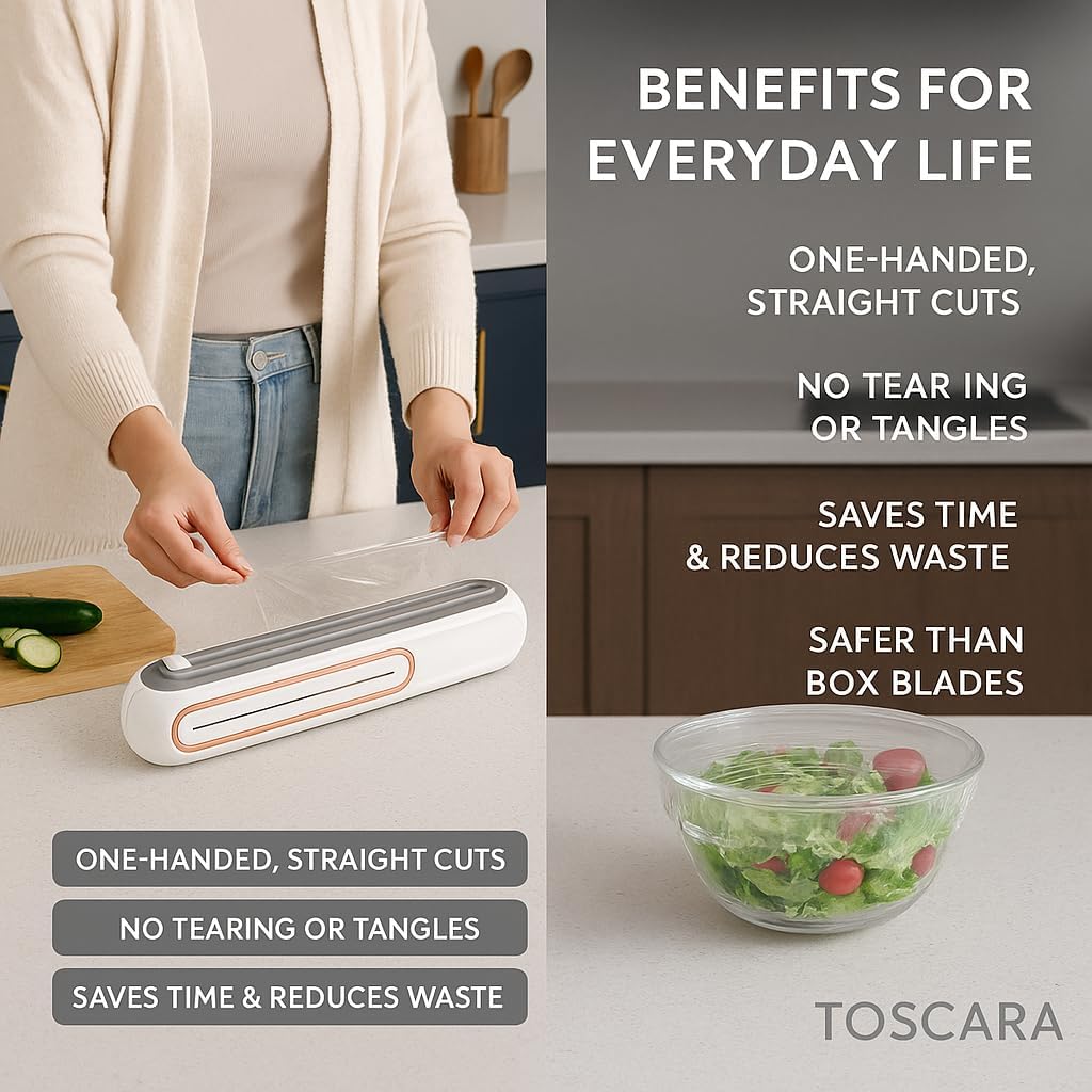 Food Plastic Wrap Dispenser – Refillable ABS Plastic Wrap Dispenser with Safe Slide Cutter – Compact Cling Film, Foil & Baking Paper Easy-Cut Organizer for Fresh Food Storage- Fit 30cm roll