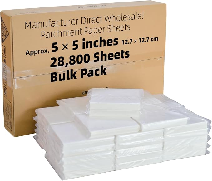 5x5-28800 Sheets Commercial Parchment Paper Squares | Food Grade Non-Stick 428°F for Mini Bakery Treats, Air Fryer Bites, Sampler Packs & Appetizer Prep by DanjureinParchmentManufacturer