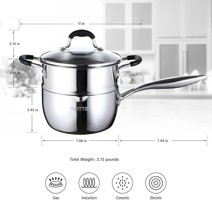 SLOTTET Tri-Ply Whole-Clad Stainless Steel Saucepan with Steamer,2.5 Qt Small Multipurpose Pot with Pour Spout,Strainer Glass Lid, 2 Quart Sauce Pan for Cooking with Stay-cool Handle. - Image 6