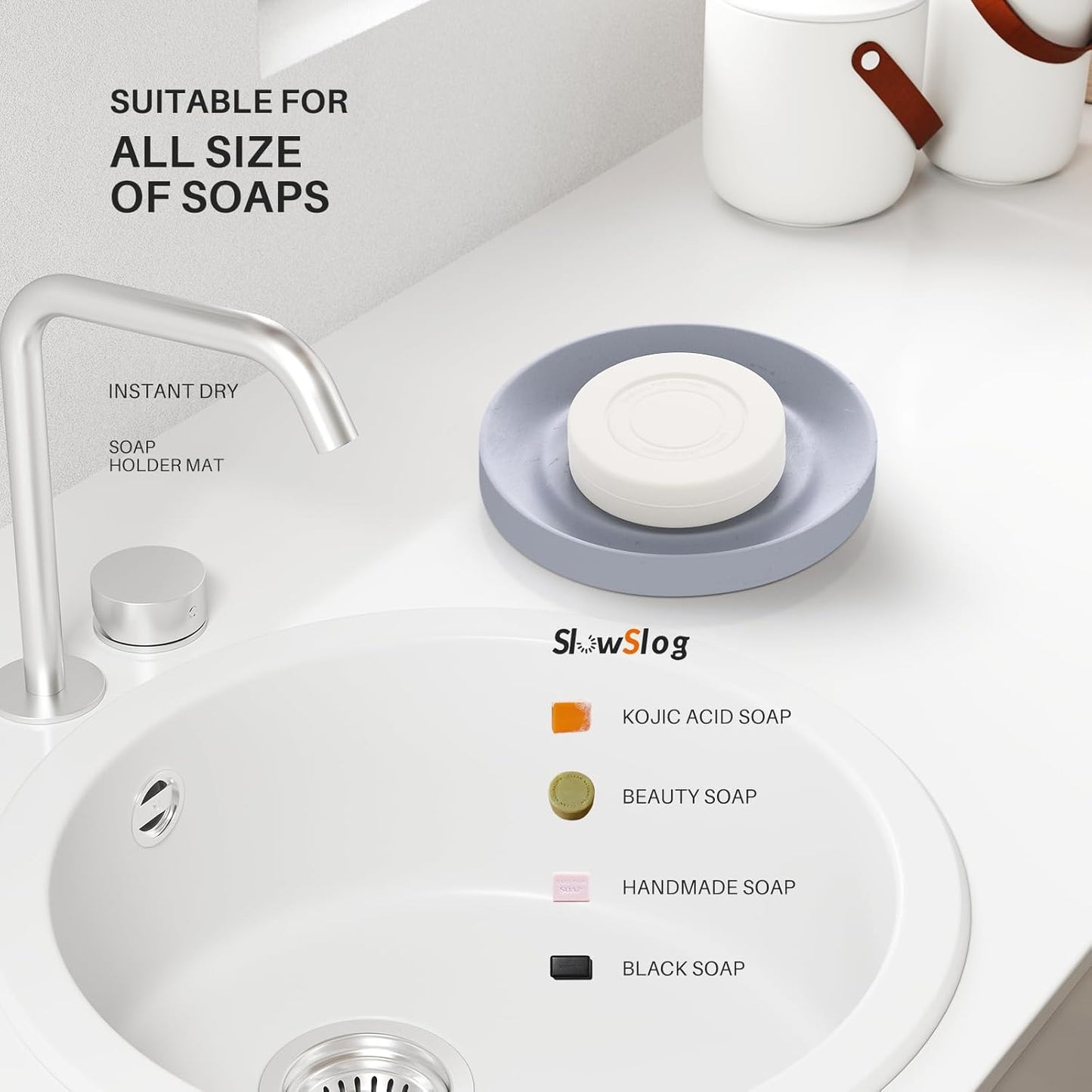 Diatomite Soap Dish, 2 Pack Water Absorbent Stone Soap Dish Holder, Quick Dry Diatomaceous Earth Bath Tray for Hand Soap, Bar Soap, Kitchen Sponge, Gray