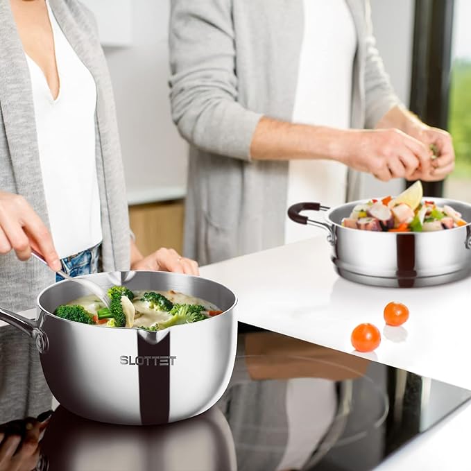 SLOTTET Tri-Ply Whole-Clad Stainless Steel Saucepan with Steamer,2.5 Qt Small Multipurpose Pot with Pour Spout,Strainer Glass Lid, 2 Quart Sauce Pan for Cooking with Stay-cool Handle. - Image 7