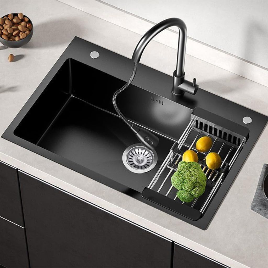 Black Drop in Kitchen Sink, Stainless Steel Single Bowl Sink with 3 Holes, Topmount Workstation Sink, Farmhouse Rectangle Basin with Multiple Accessories (28.3 * 17.7 * 7.9in)