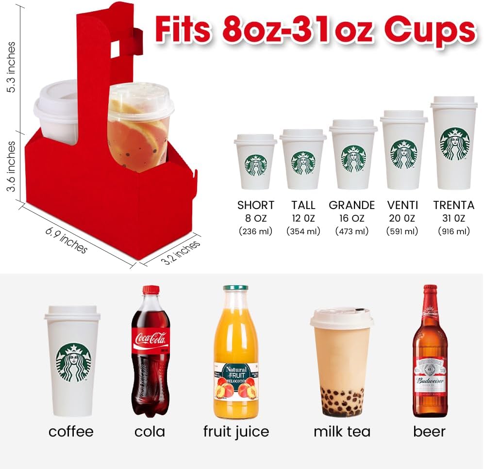 15Pcs -2 Cup Drink Carrier with Handle - Paper Cup Holder, Coffee Carriers Tray for Drinks, Disposable Takeaway Cardboard Holders To Go for Food Delivery, Uber Eats/Door Dash Two or 4 Kraft Paperboard