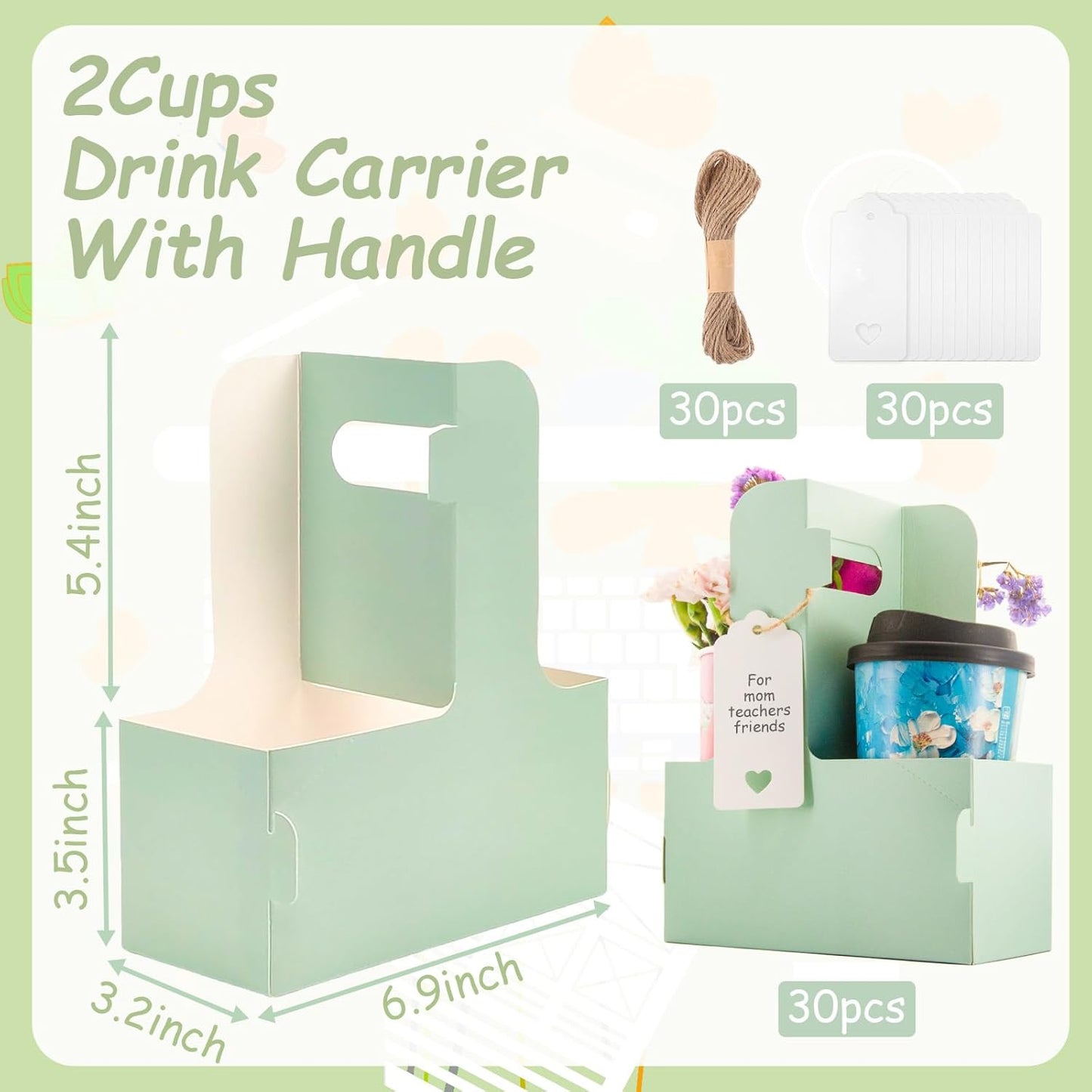 30 Pack 2 Cup Disposable Drink Carrier with Handle Paperboard Coffee Cup Holder Portable for Hot Cold Drinks Food Delivery Services with Heart Card for Teacher Appreciation Week Mother's Day