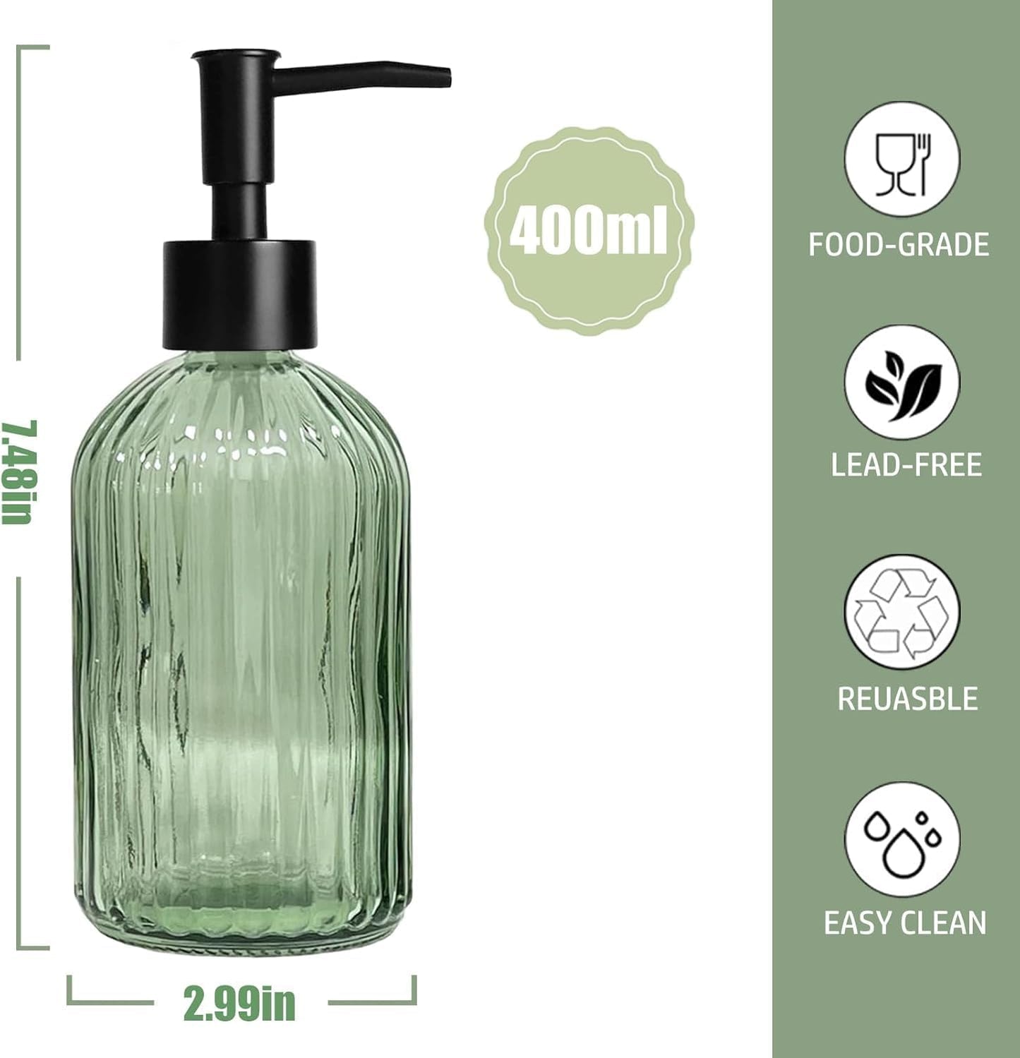 14 Oz Black Pump Glass Soap Dispenser, Green Stripe Countertop Refillable Liquid Bottle Hand Dish Lotion Dispenser with Plastic Pump, for Kitchen, Bathroom, 2 Pack