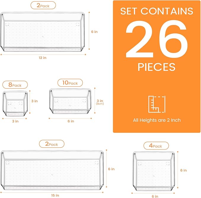 Criusia Drawer Organizer, 26 Pack Clear Plastic Drawer Organizer Bins, Versatile Organization and Storage Trays for Kitchen, Bathroom, Vanity Makeup and Office - Image 2
