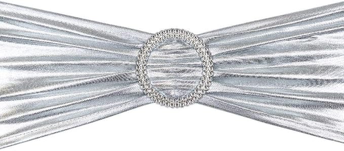 Linenlanding 10/50/100PCS Spandex Chair Sashes Bows Elastic Chair Bands with Buckle Slider Stretch Sashes Bows for Wedding Party Event Ceremony Reception Banquet Decorations (Metallic Silver, 10) by LTC+LINENS