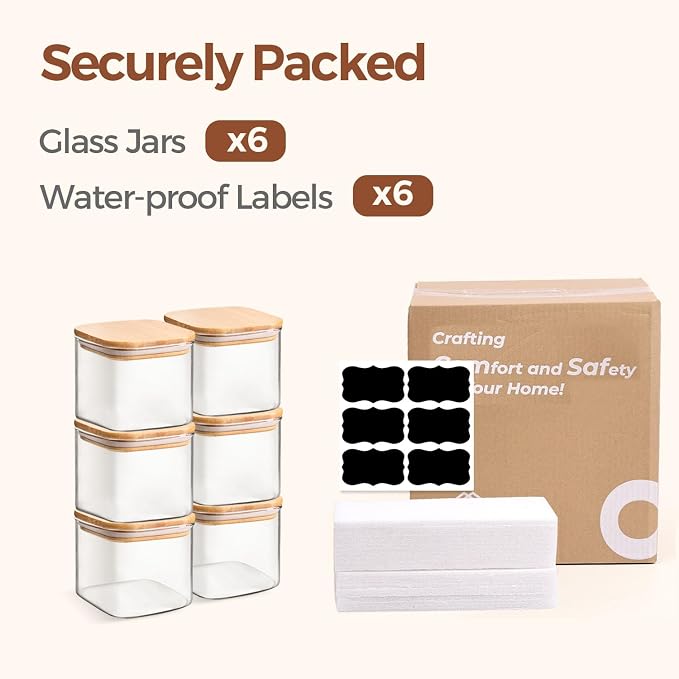 ComSaf Square Glass Containers with Lids 0.6 Qt, Set of 6 Small Glass Jars | Small Glass Canisters, Spice Jar, Pantry Organization, Snack, Cookie, Coffee Bar Organization, Size For Subpackage, BPA Free - Image 8