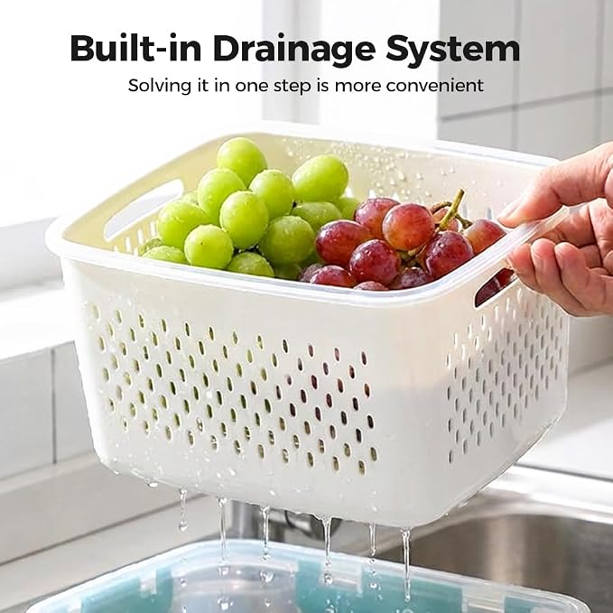Fruit Storage Containers with Removable Colander (Green 3PCS, Large) | Leakproof Produce Containers for Fridge, Produce Storage Containers, Fridge Organizers and Storage for Fruit, Vegetables - Image 2