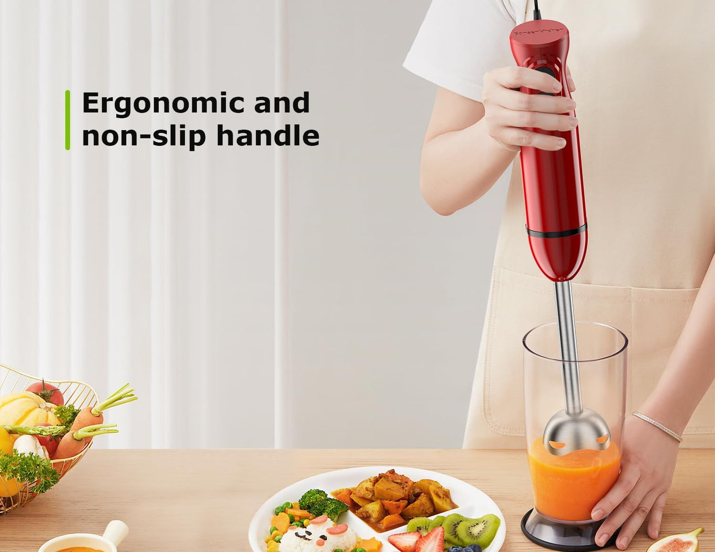 Bonsenkitchen Hand Blender, Immersion Blender with 2 Mixing Speed, Portable Electric Handheld Stick Mixer with Stainless Steel Blades for Soup, Smoothie, Puree, Baby Food, Red