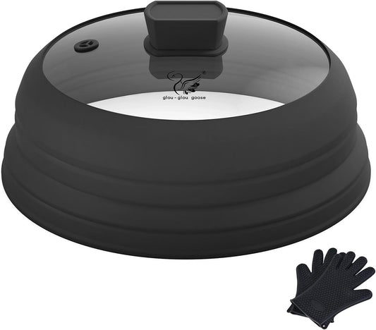 Microwave Splatter Glass Cover with Collapsible Silicone for Food Cover Plate Cover 10.8 inch with Anti-Scalding Gloves