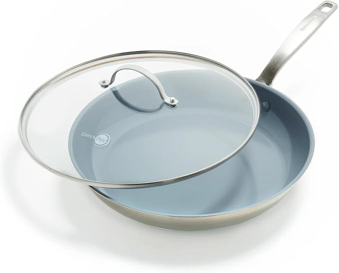 GreenPan Treviso Stainless Steel Healthy Ceramic Nonstick, 12" Frying Pan Skillet with Lid, PFAS-Free,Clad, Induction, Dishwasher Safe, Silver by GreenPan