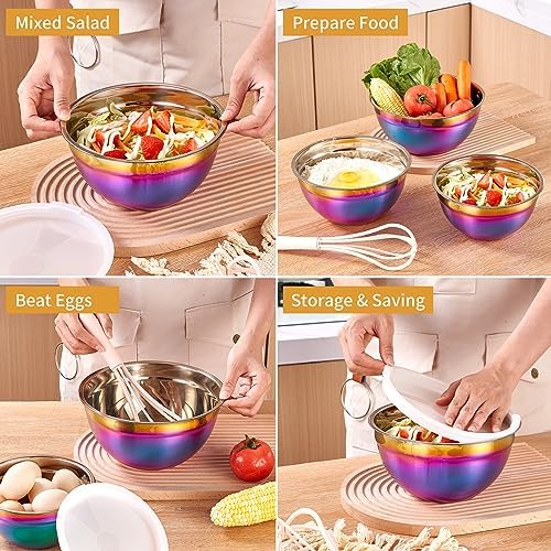 Rainbow Mixing Bowls With Airtight Lids,Stainless Steel Bowl,Salad Bowls 7 Piece Colorful Nesting Bowl Rainbow Kitchen Accessories,Size 7,3.6,2.7,2.1,1.5,1.1,0.8QT Stackable Design - Image 5
