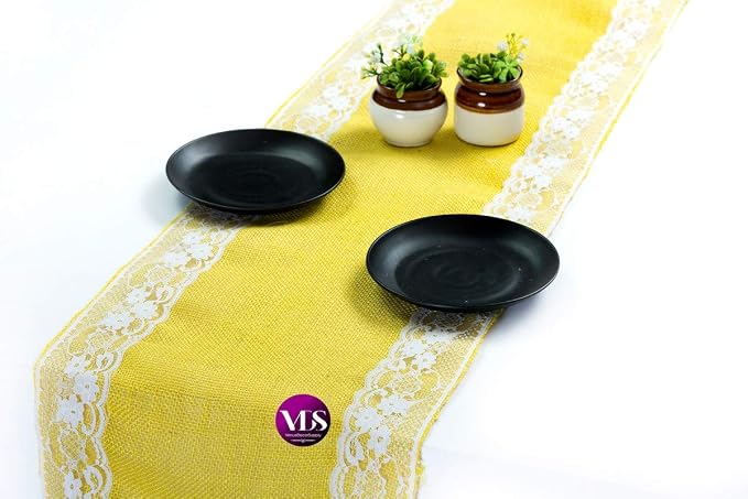 VDS Pack of 15, Burlap Table Runner with White Lace Edge, 100% Natural Jute Rustic Hessian Table Cloth Centerpiece for Wedding Birthday Party Banquet Table Decoration (Size 12X108 Inch)(Yellow) by VDS