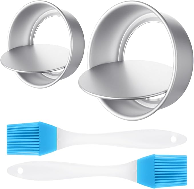 2 Pieces Round Cake Molds, 2 Pieces Silicone Brushes, Aluminum Cake Tins, Cake Baking Tins, Removable Bottom, DIY Baking Tools for Birthday Wedding Party Cakes by MAXQUU