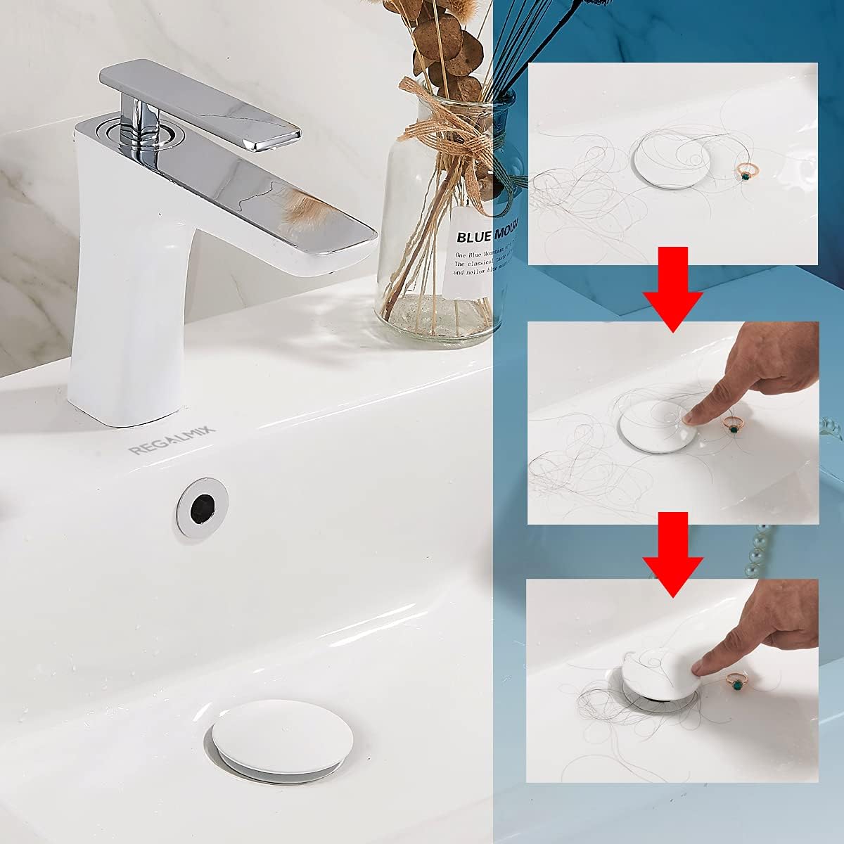 Vessel Sink Drain, Bathroom Faucet Vessel Sink Pop Up Drain Stopper, Built-in Anti-Clogging Strainer, with Overflow White, Fits Standard American Drain Hole(1-1/2" to 1-3/4") RWF083N