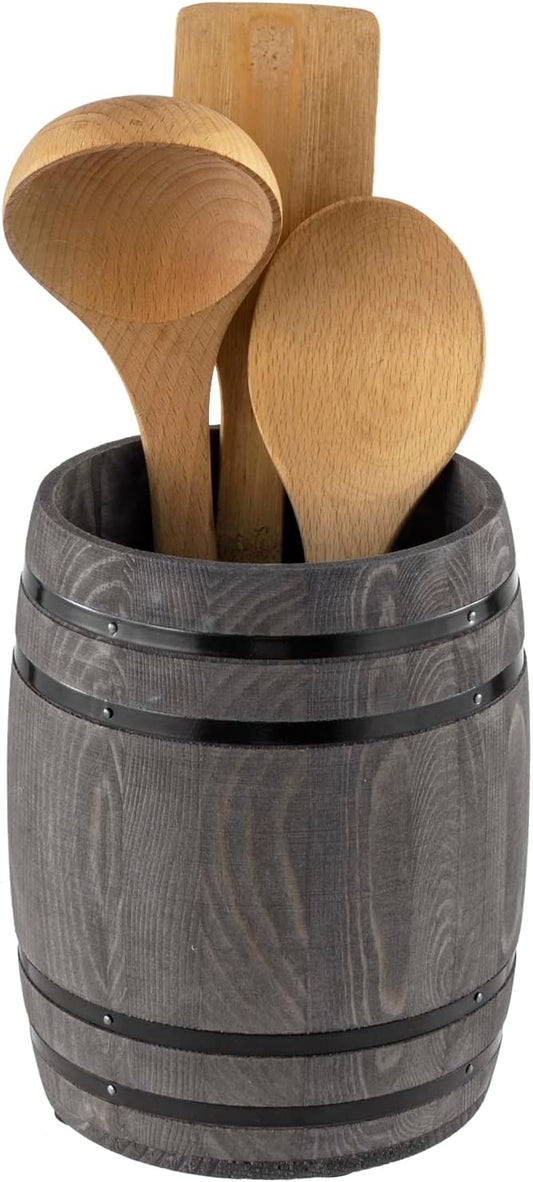 MyGift Wine Barrel Design Kitchen Utensil Crock, Vintage Gray Solid Wood Cooking Tool Holder