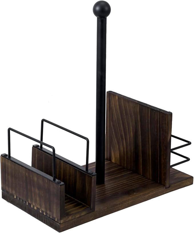 MyGift Wood Paper Towel, Napkin, Salt & Pepper Holder Caddy, Black Metal - Image 5