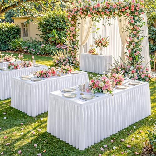 White Polyester Table Cloths for Rectangle 8 Foot Tables, 6 Pack Wrinkle Free Tablecloths Stretchy Banquet Ruffle Fitted Table Cover Desk Skirt for Parties Wedding Birthday Baby Shower - Image 2