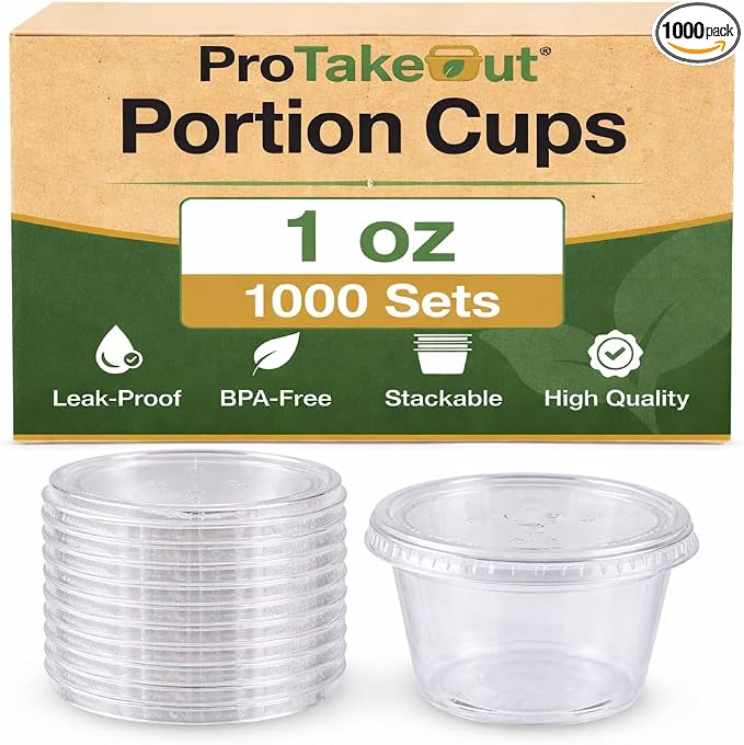 0.75-5.5 oz Plastic Portion Cups with Lids, 100-2000 Count, Dessert Cups with Lids, Jello Shot Cups with Lids, Small Plastic Cups for Salad Dressing & Condiments (1000, 1.0, ounces) by ProTakeOut