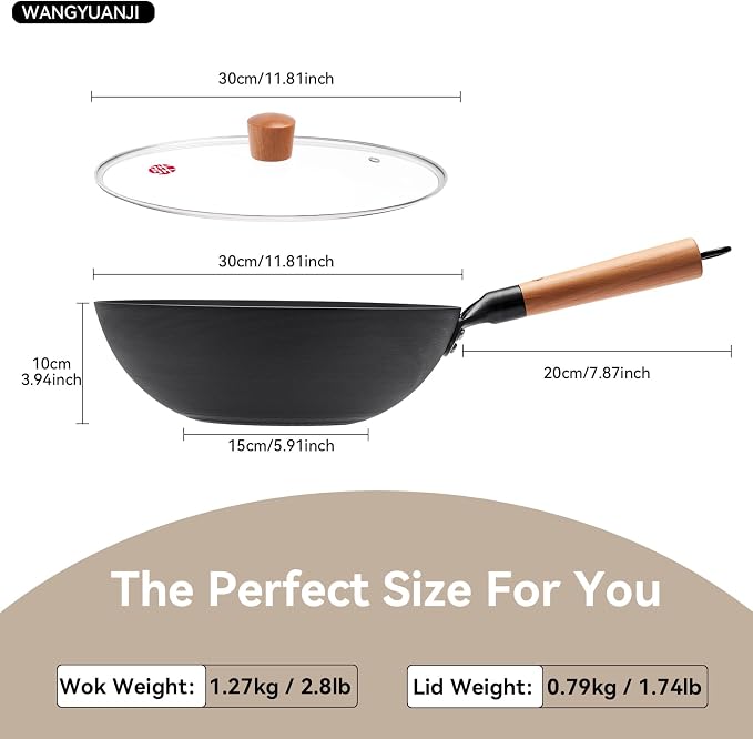 WANGYUANJI 11.8" High Purity Iron Wok Pan,Flat Bottom Stir Fry Pan for Electric,Induction & Gas Stoves,No Chemical Coating Carbon Steel Alternative,Traditional Hand-Hammered Skillet for Cooking - Image 6