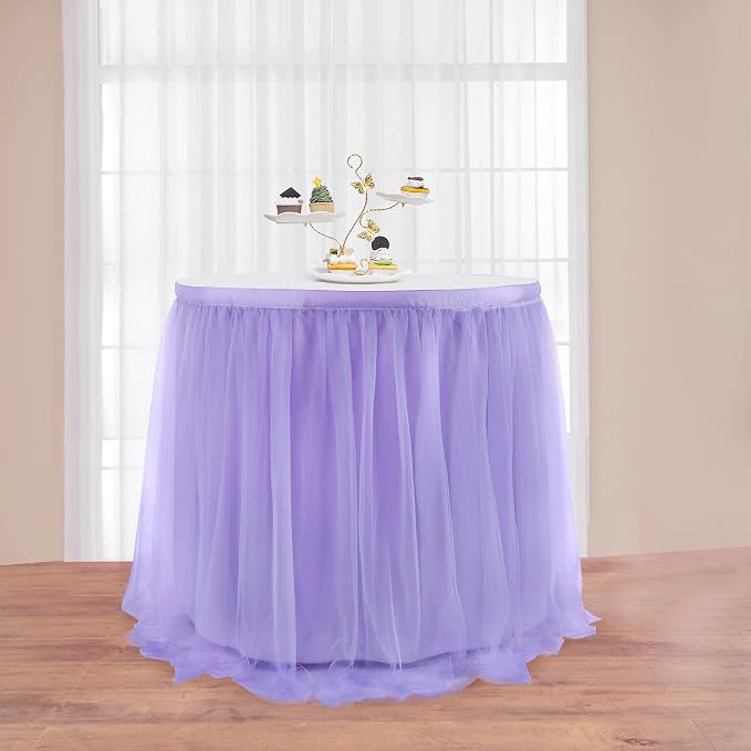 108in Lavender Tulle Table Skirts for Rectangle Tables 6/8/4ft, 2-Layer Gold Grim Lilac Purple Ruffle Tulle Tutu Cloth Table Skirt 9ft for Mermaid Birthday Party Baby Shower Dessert(No Table Cover) - Image 3