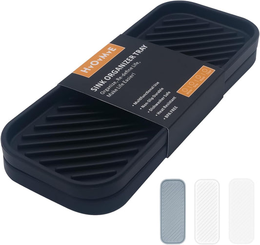 Silicone Organizer Tray, Soap and Sponge Holder for Kitchen Sink, Bathroom - Storage Tray for Dish Brush, Soap Dispenser, Dishwashing Accessories- 2 Pack (Black)