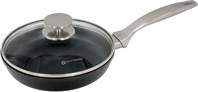 Swiss Diamond Frying Pans Nonstick with Lid, Features Stainless Steel Handle, Nonstick Diamond Coated Aluminum Skillets and Oven Safe Frying Pans with Lids, Cover Included, 8 Inch by SwissDiamond