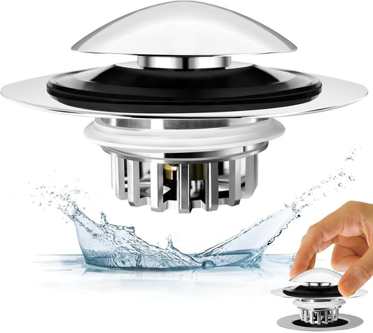 Bathtub Drain Stopper, Pop Up Tub Drain Hair Catcher, Bath Tub Drain Plug and Cover for 1.45-1.8in Drain Hole, Replaces Lift and Turn, Tip Toe or Trip Lever, Silver