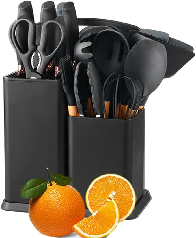 19 Pieces Kitchen Utensil and Knife Set with Storage, with 11 Piece Silicone Cooking Utensils Set 5 ieces Sharp Stainless Steel Chef Knives Scissors Whisk Tongs and Cutting Board, Black by Mltao