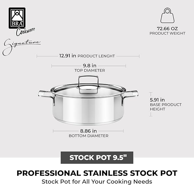 BRA COOKWARE Signature Stainless Steel Stock Pot w/Lid | 9.5 Inches 4 Qt - Image 2
